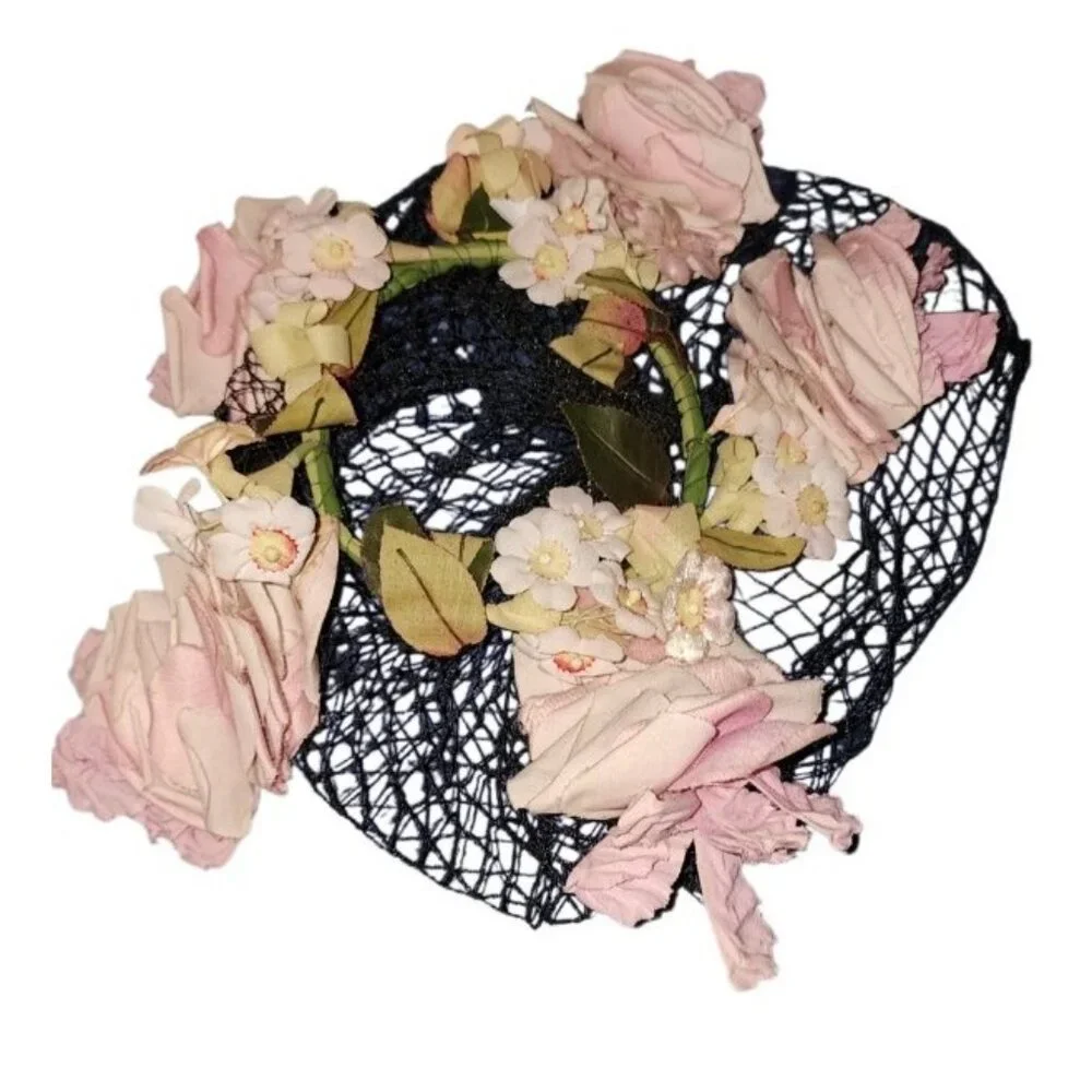 LOUIS Styled in California Vintage Floral Hat Black Net Pink Silk Roses